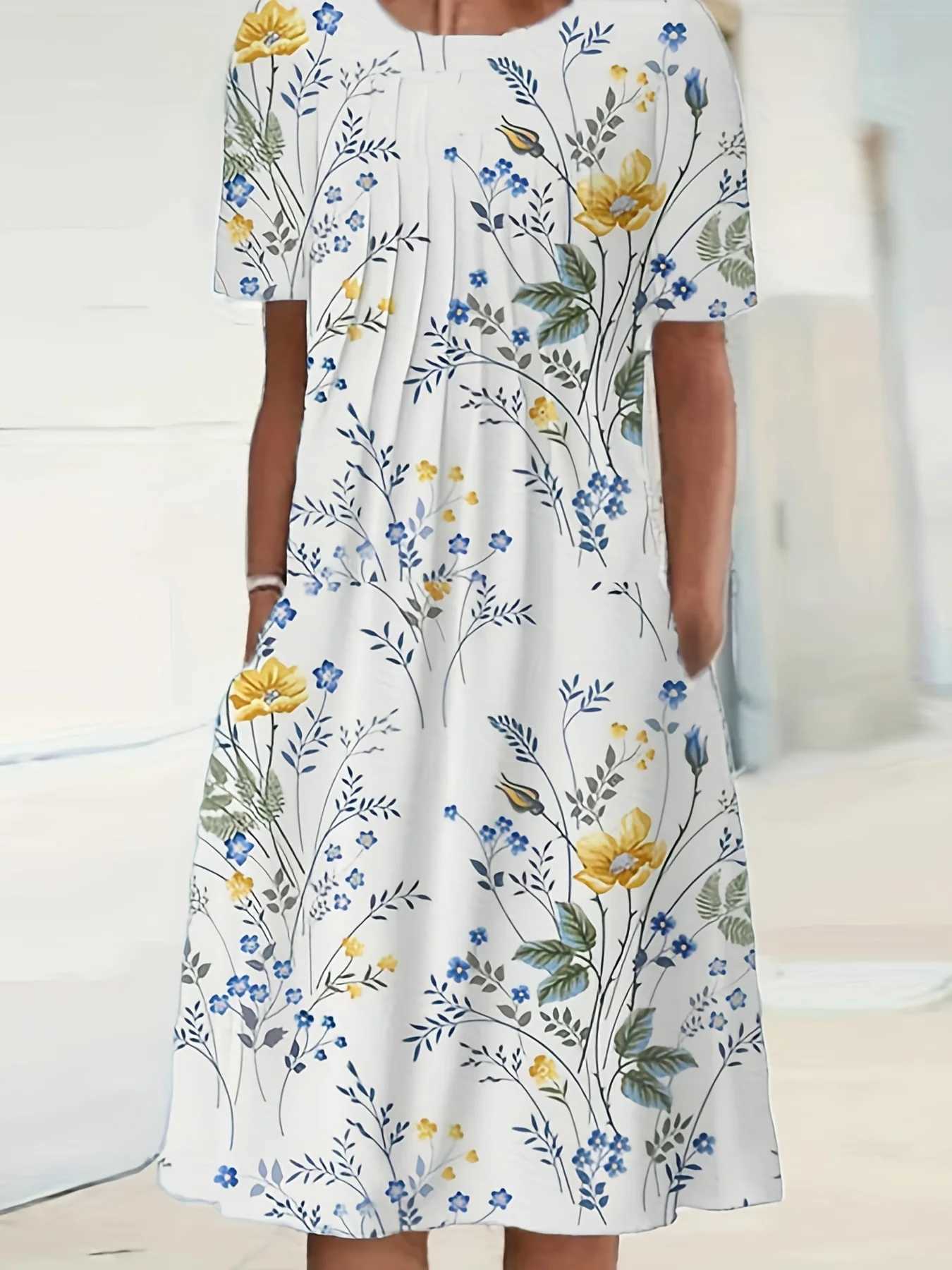 Spring And Summer Womens Ele Large Skirt Round Neck Printed Short-sved DressXJ2500207