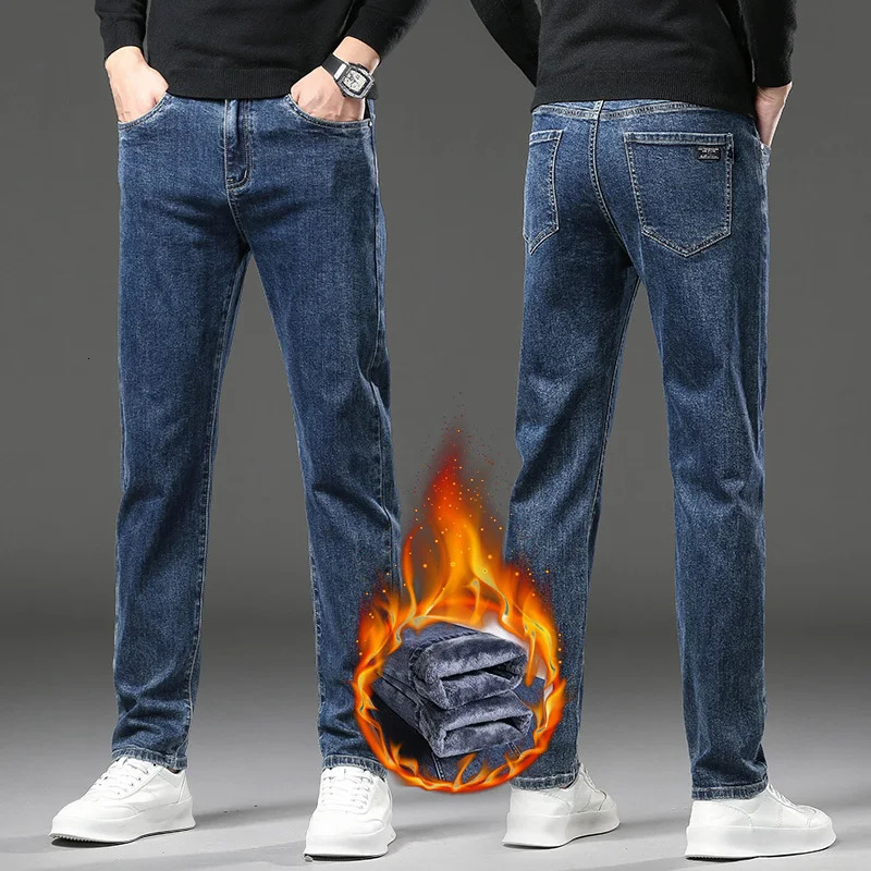 Winter Fleece Thick Warm Jeans Mens Slim Straight Elastic Denim Pants Casual Male Clothing Fashion Plush Trousers 250207