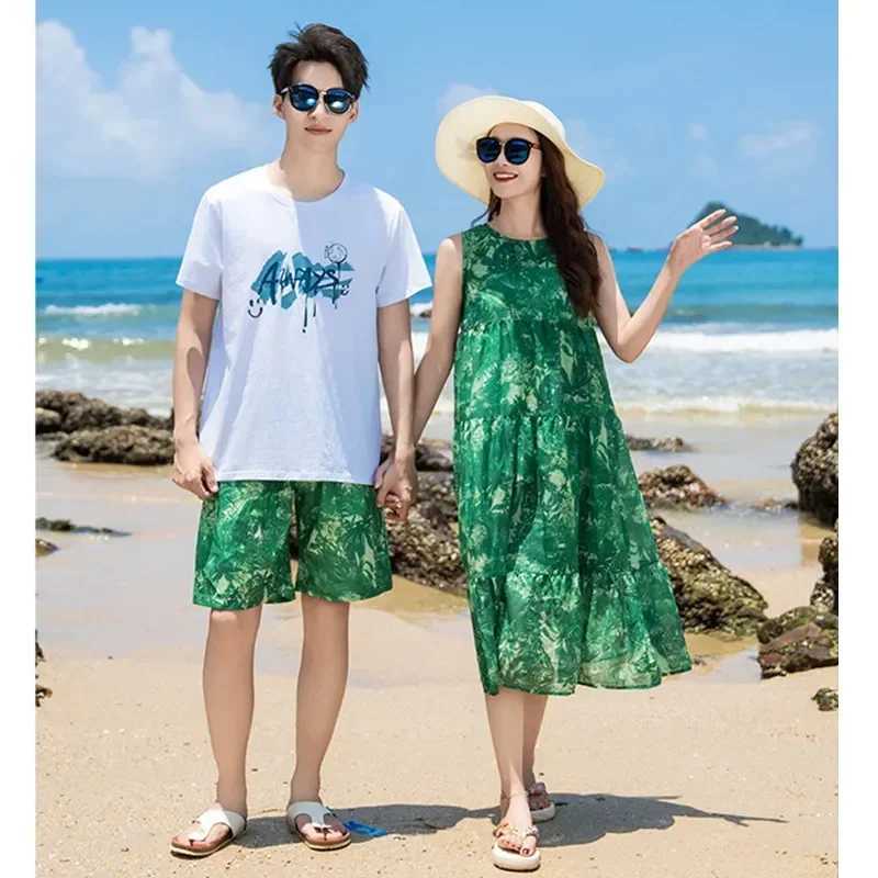 Holiday couple sleeveless dress beach father son T-shirt two-piece set family clothing vacation mother and daughter W250207