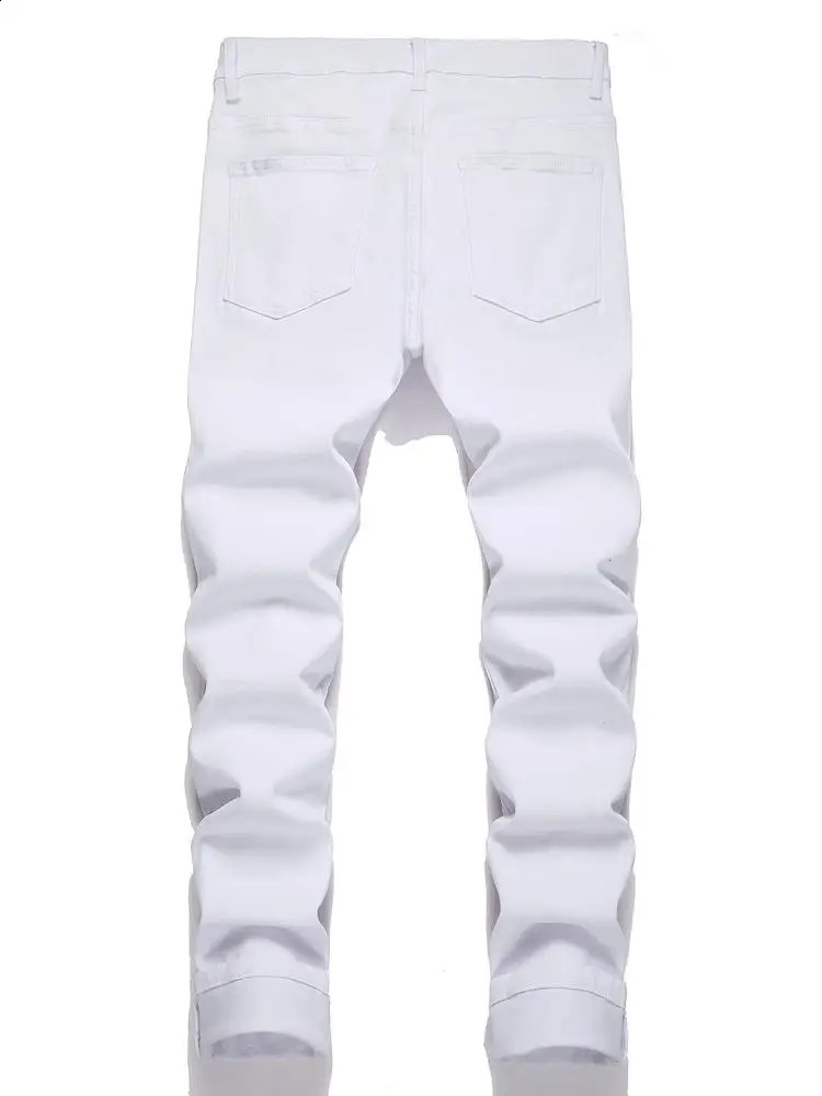 Mens jeans casual straight - leg stretch fashionable classic white denim long trousers in a minimalist trendy ripped style. 250206