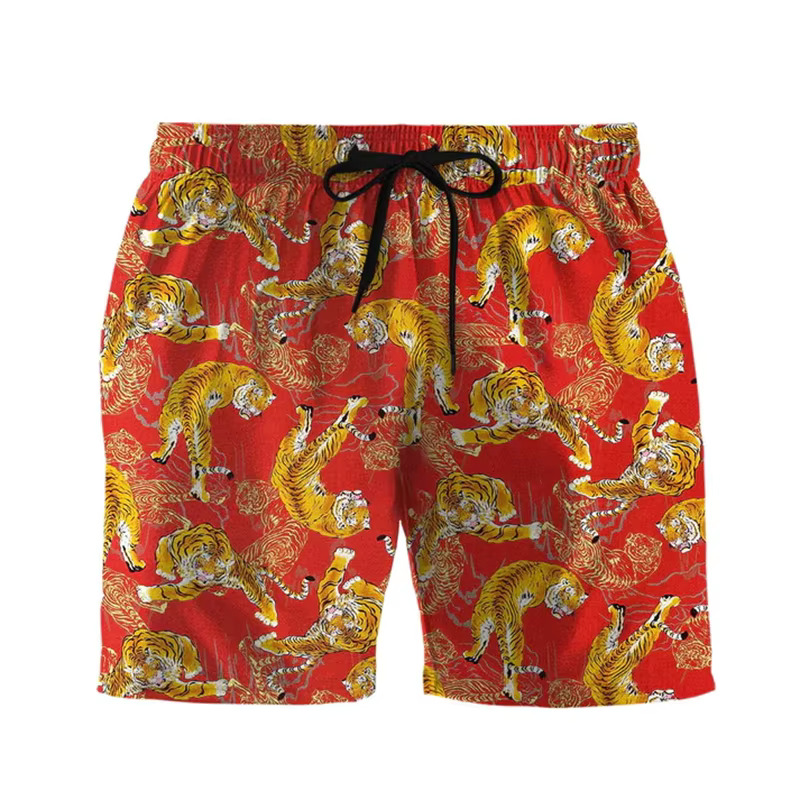Retro Men's Beach Shorts With Fashionable Chinese Tiger Pattern 3D Printed Hawaiian Beach Casual Style Men's Pants