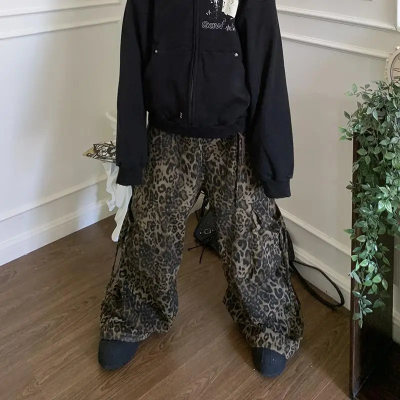 Leopard Cargo Pants Men Y2K Parachute Oversize Wide Leg Trousers Male Streetwear Hip Hop Harajuku Animal Print 250206