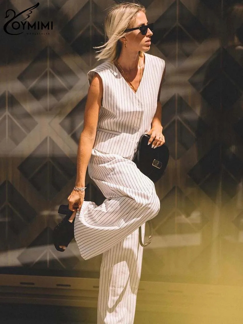 Oymimi Elegant White Print Two Piece Set For Women Fashion VNeck Sleeveless Button Tank Tops High Waist Straight Trousers 250206