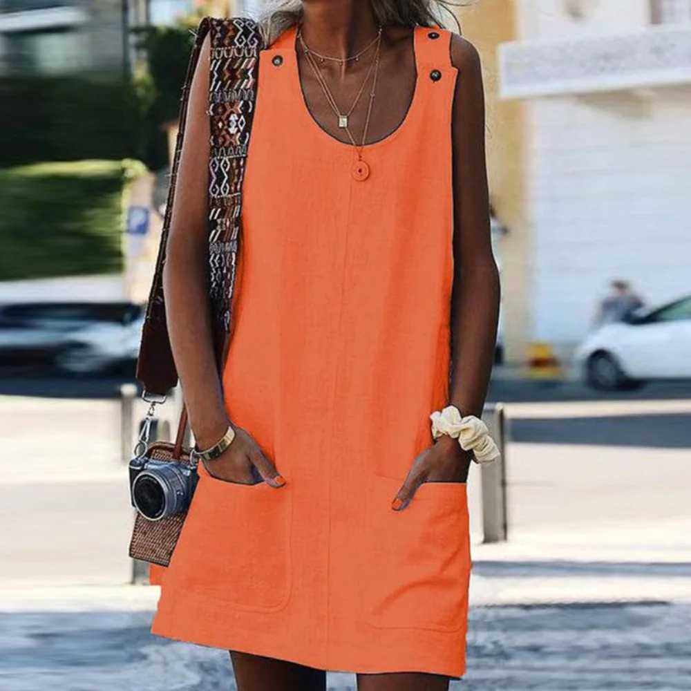 2023 Woman Summer Beach Dress Ele Solid Cotton Linen Sveless Long Tank Dress Casual Loose Party Pockets Sundress VestidosXJ2500207
