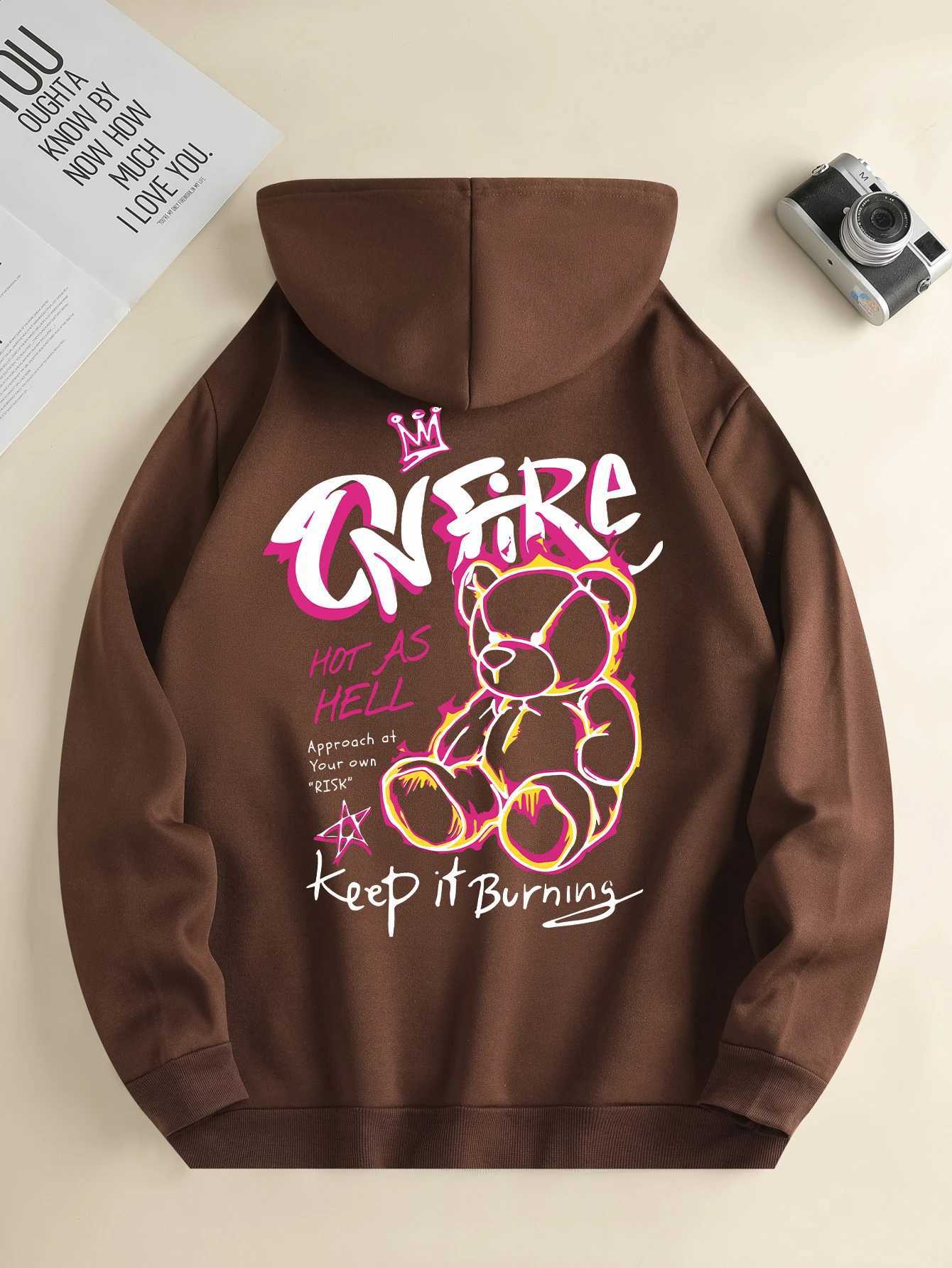 Mens new fashion hoodie casual daily drawstring hooded sweatshirt bear print front kangaroo pocket mens jacket W250207