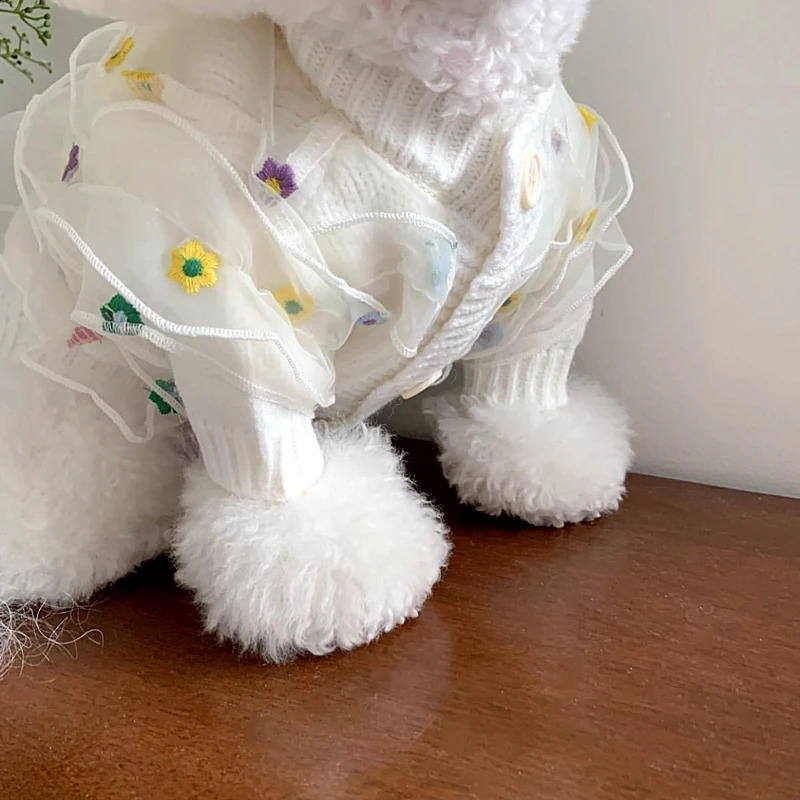 Dog Lace Sweater Flower Embroidery Knit Teddy Warm Winter Coat Classic White Pet Clothes Dog Beautiful Open Button Dog Shirt 250206