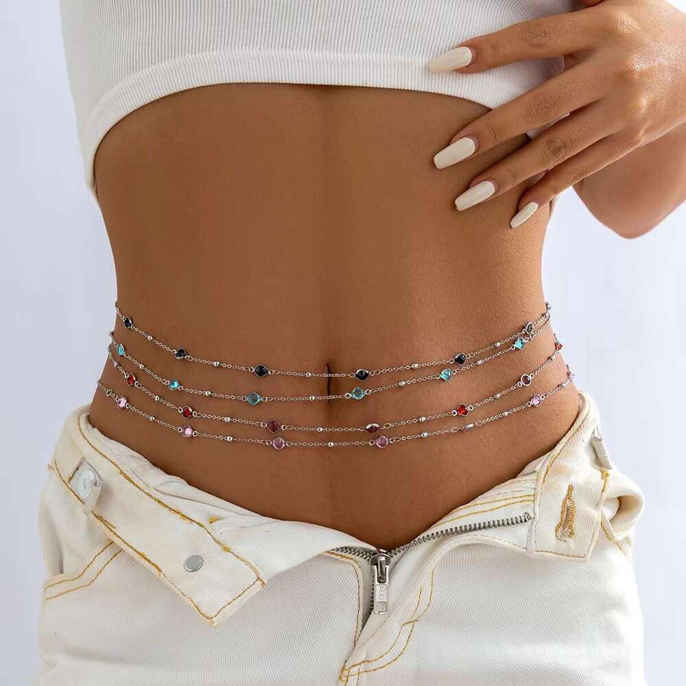 Salircon Minimalism Sier Color Metal Slim Belly Waist Chain Fashion Crystal Glass Summer Women Sexy Bikini Body Jewelry