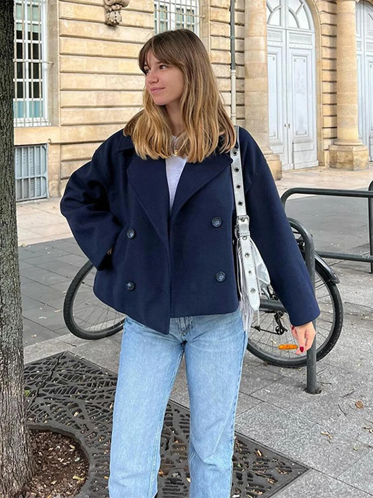 2024 Autumn Winter Coat Casual Double Breasted Turn Down Collar Female Short Jackets Chic Lady Loose Demi Season Outcoat 250109Z