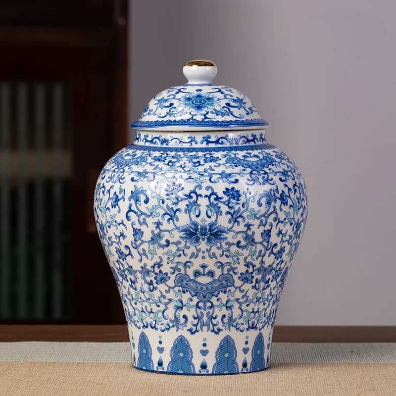 Storage Bottles Jars 1300ml Ceramic Ginger Jar Chinese Porcelain Tea Canisters Large Capacity Celadon Vase Storage Jars Home Decoration CL250207