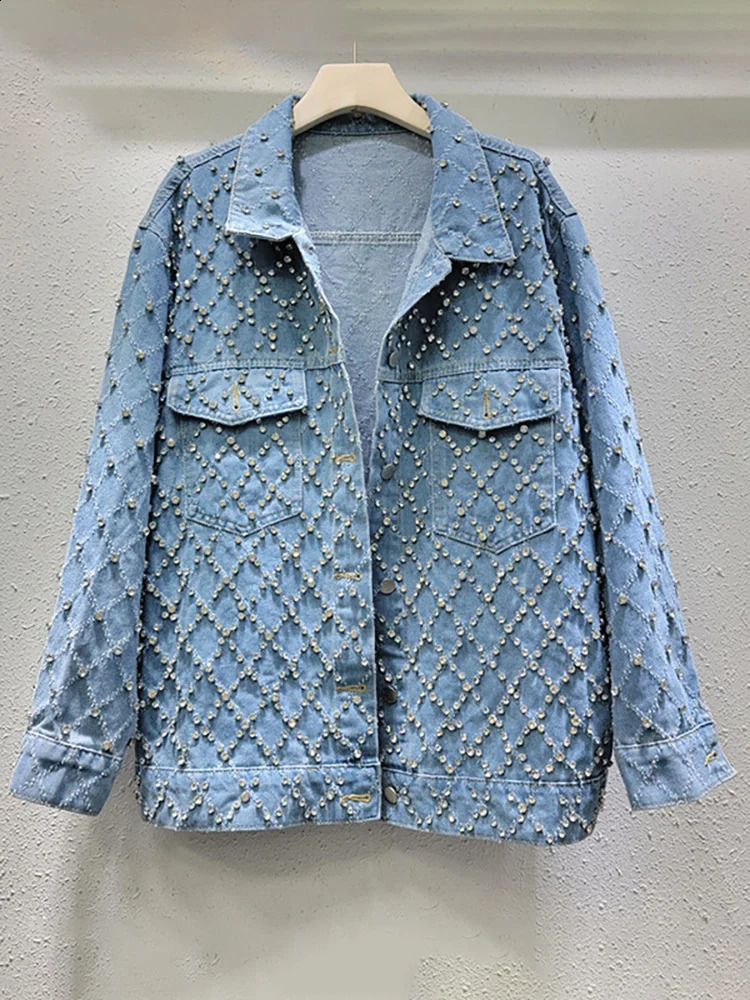 DEAT Womens Denim Coat Blue Long Sleeve Full Diamonds Distressed Jacquard Plaid Jackets 2025 Spring Fashion 29L7709 250121