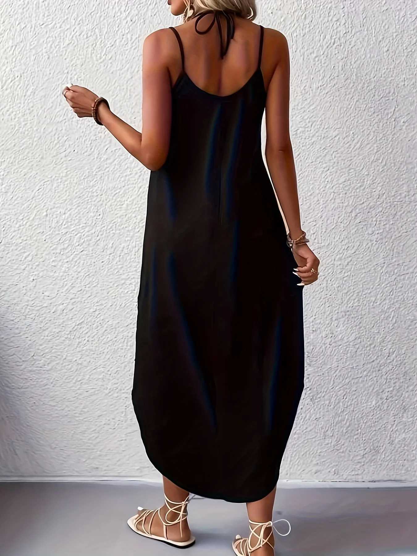 Solid Color Curvy Hem Cami Dress Sexy Sveless Spaghetti Strap Loose Maxi Dress Womens ClothingXJ2500207