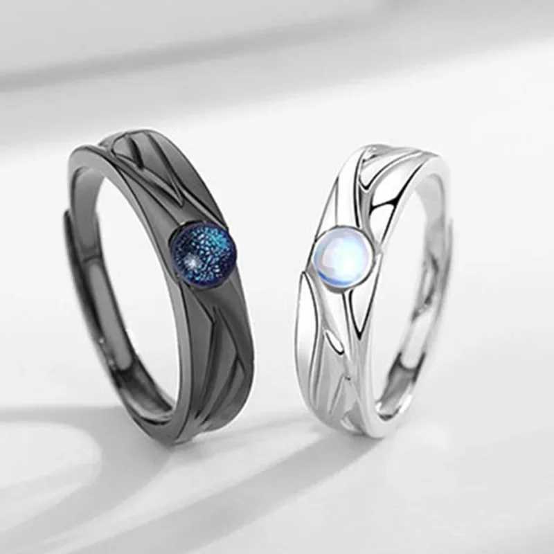 A Pair of Angel and Demon Moonlight Stone Couple Rings Black and White Students Fashion Open Ring Retro Colored Glass Pair Ring W250207