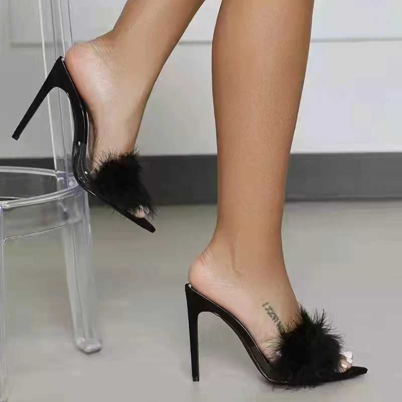 2022 Woman Feather High Heels Pointed Toe Slippers Fi Sandals Women Open Toe Pumps Slides White Pink Black Size 35-43XJ250207