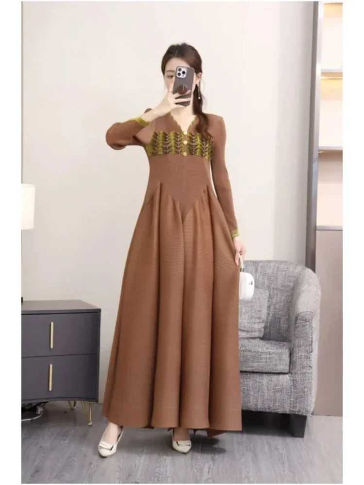 Pleated A Line Dresses For Women Evening Party Solid Full Sve V-neck Ele Lady New 2025 Spring Long Dress 2AN5190XJ2500207