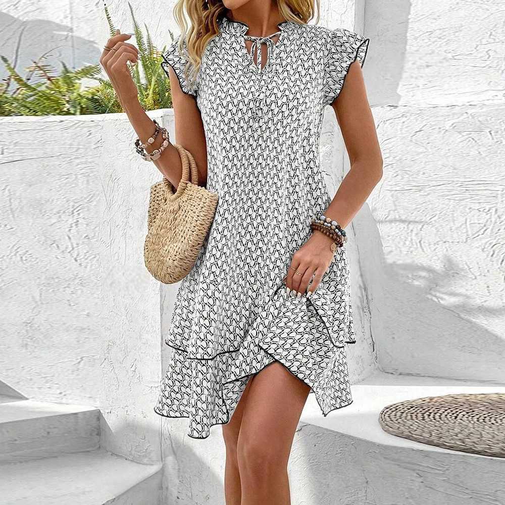 2024 Ele Womens Casual Loose Ruffle Mini Dress Bohemian Printed V-neck Lace-up Small Flying Sve Dresses For WomenXJ2500207