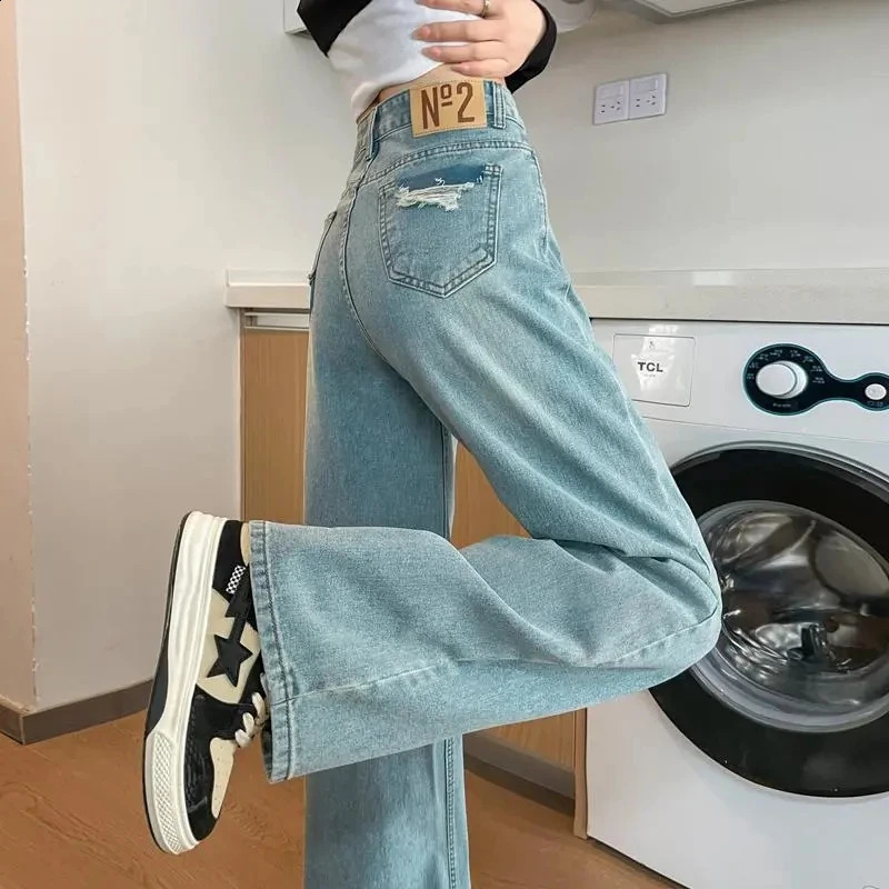 Denim Jeans Tall Straight Womens Korean High Waisted Pants Fashion Spring Autumn Perforated Wide Leg Trousers 250206