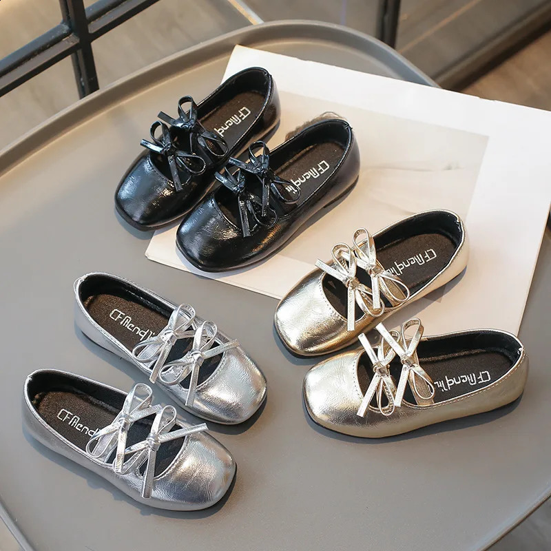 Princess Shoes for Girls Fashion Double Bowknot Chic Children Mary Jane Shoes Gold Sliver Square Toe Elegant Kids Flats 250206