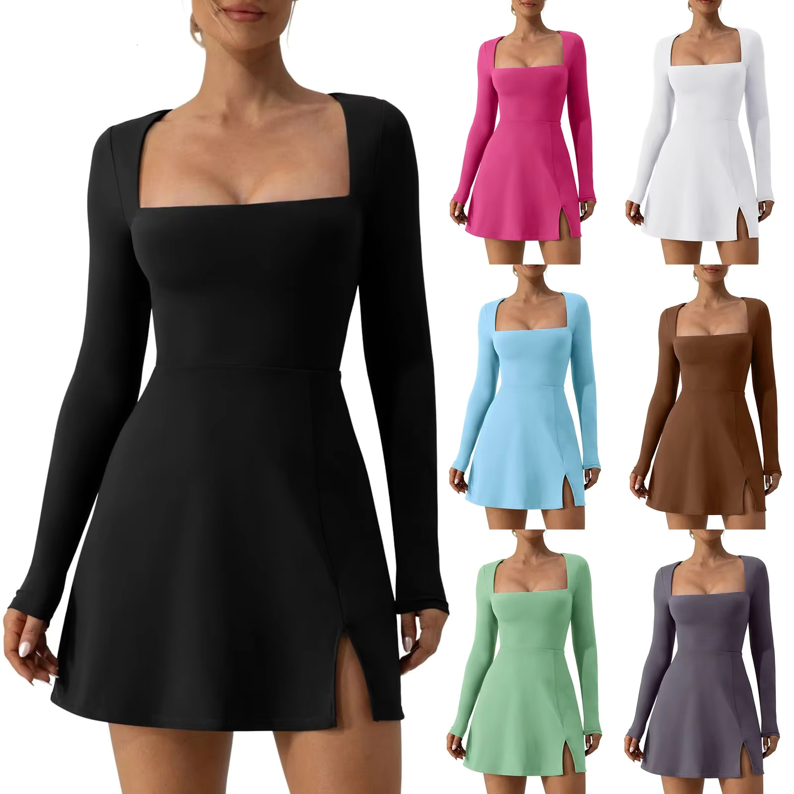 Combhasaki Women Spring Summer Solid Color Casual Basic Long Sleeve Square Neck High Split Hem Party Short Mini A-E Dress