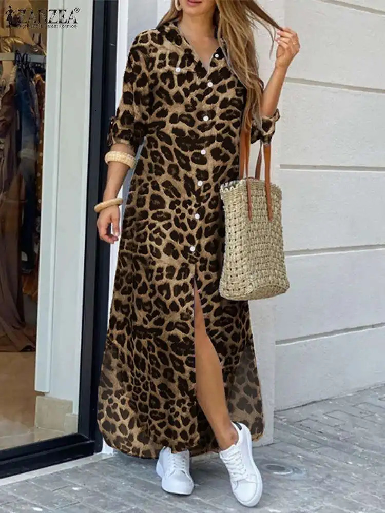 ZANZEA Party Vintage Leopard Robe Autumn Casual Long Sleeve Maxi Long Vestidos Dress Fashion Oversized Women Shirt Sundress 250207