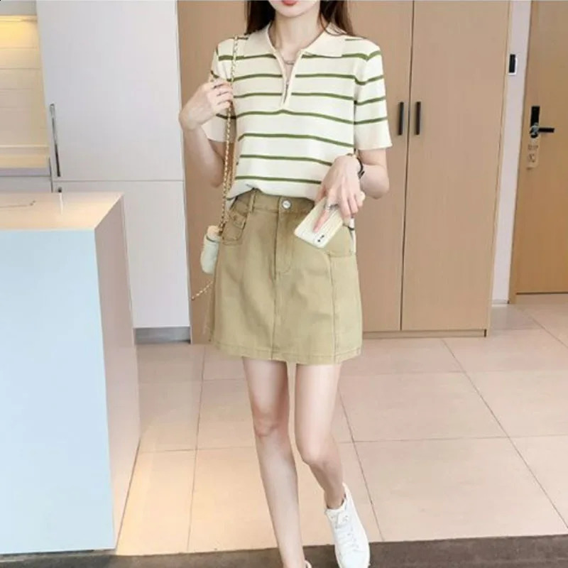 Summer Stripe Korean Fashion Casual Ice Silk Short Sleeved Polo Shirt Simple Temperament Women Lapel Zipper Loose Slim Thin Top 250207