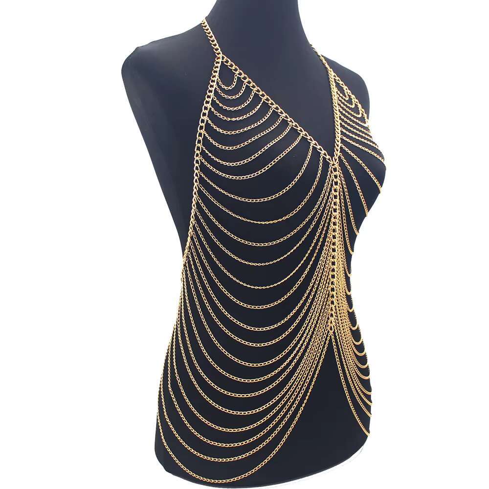 Sexy Metal Chain Dress For Women Fashion Bg Nightclub Backless Adjustable Body Chains Bra Festival Clothing Jewelry