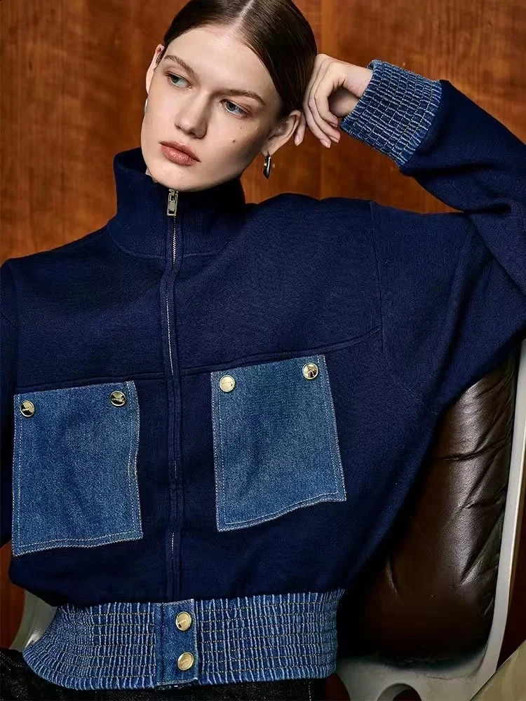 French Patchwork Pocket Denim Women Coat Elegant High Quality Zip-up Lapel Jacket Vintage Fashion Knit Tops Female Clothing 250121