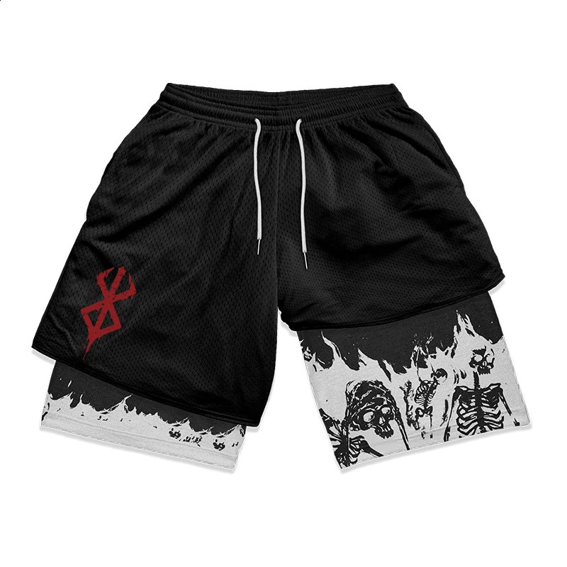Berserk Print 2 in 1 Running Shorts for Men Gym Workout Fitness Athletic Shorts with Pockets Summer Activewear Quick Dry Stretch 250206