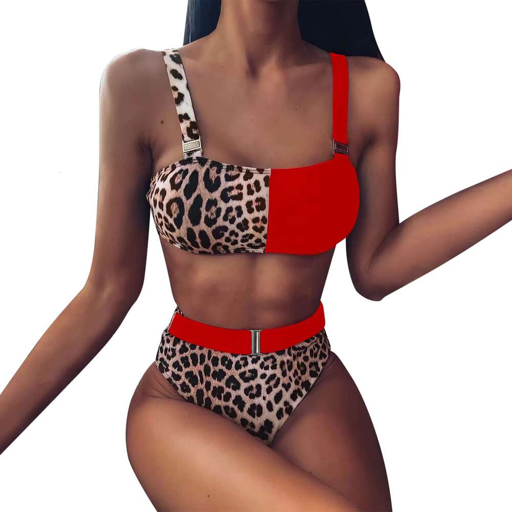 Sexy Swimsuits For Womens Color Splicing Printed High Waisted Two Pieces Bikinis Casual Beachwear Big Breast Fit Bathing Suit