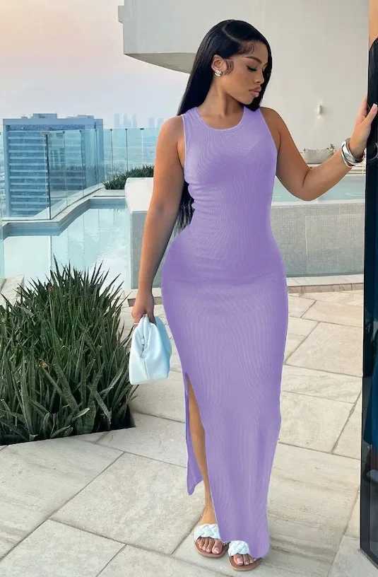 Sexy Slveles Knitted Long Dress For Women Fashion O-neck Pure Color Bodycon Dress Summer Split Package Hips Party Dress Black X2504031