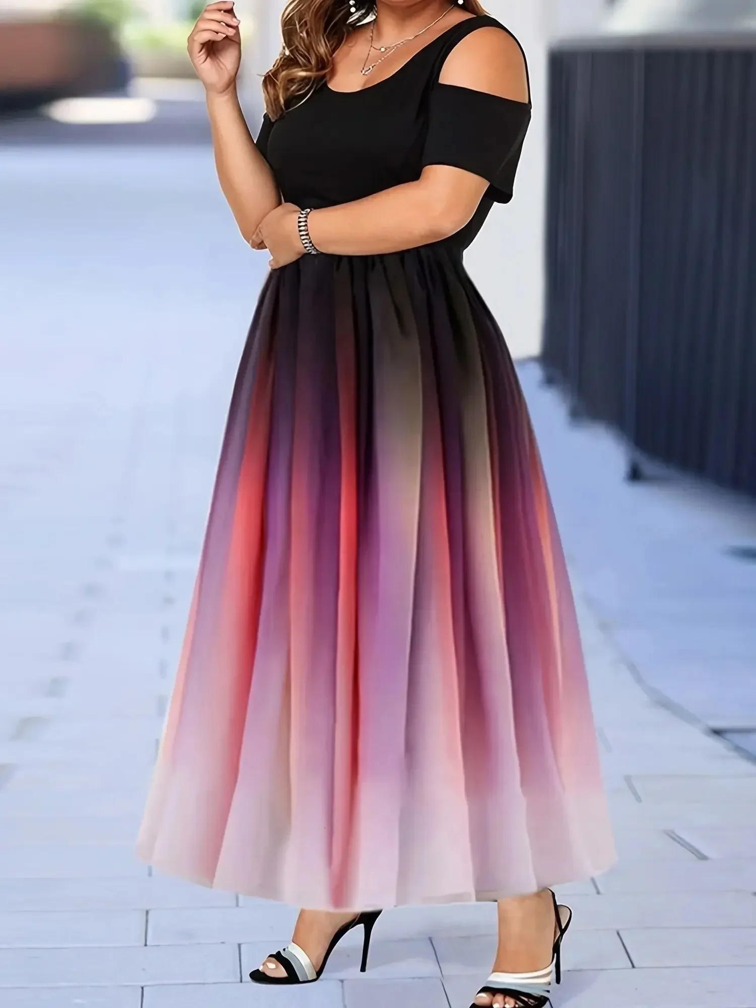 Women Plus Size 1XL-8XL Dress Gradient Print Off Shoulder Dress Tight Top and Loose Bottom Elegant Short Sleeve Long Ball Dress 250207
