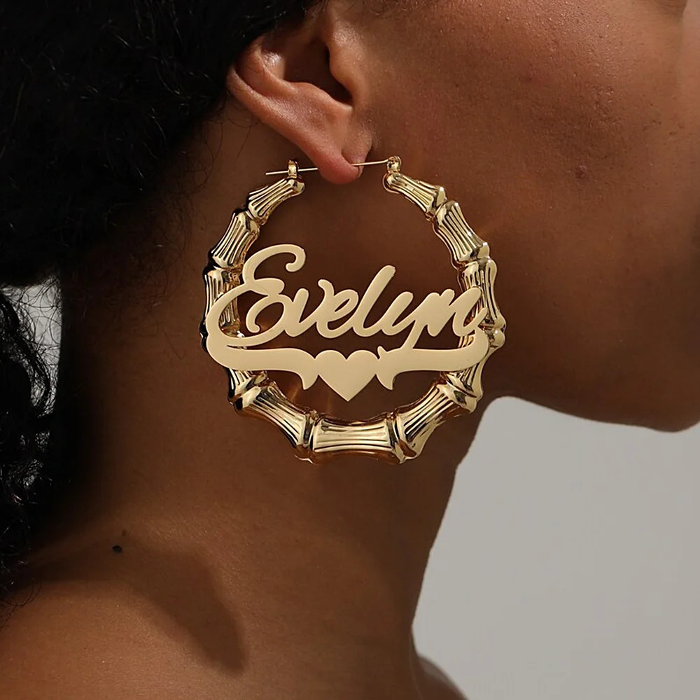 Custom Name Earrings Personalise 50mm 80mm 100mm Big Hoop Women Bamboo Shape Earring Stainless Steel Jewelry Gift for friend 250206