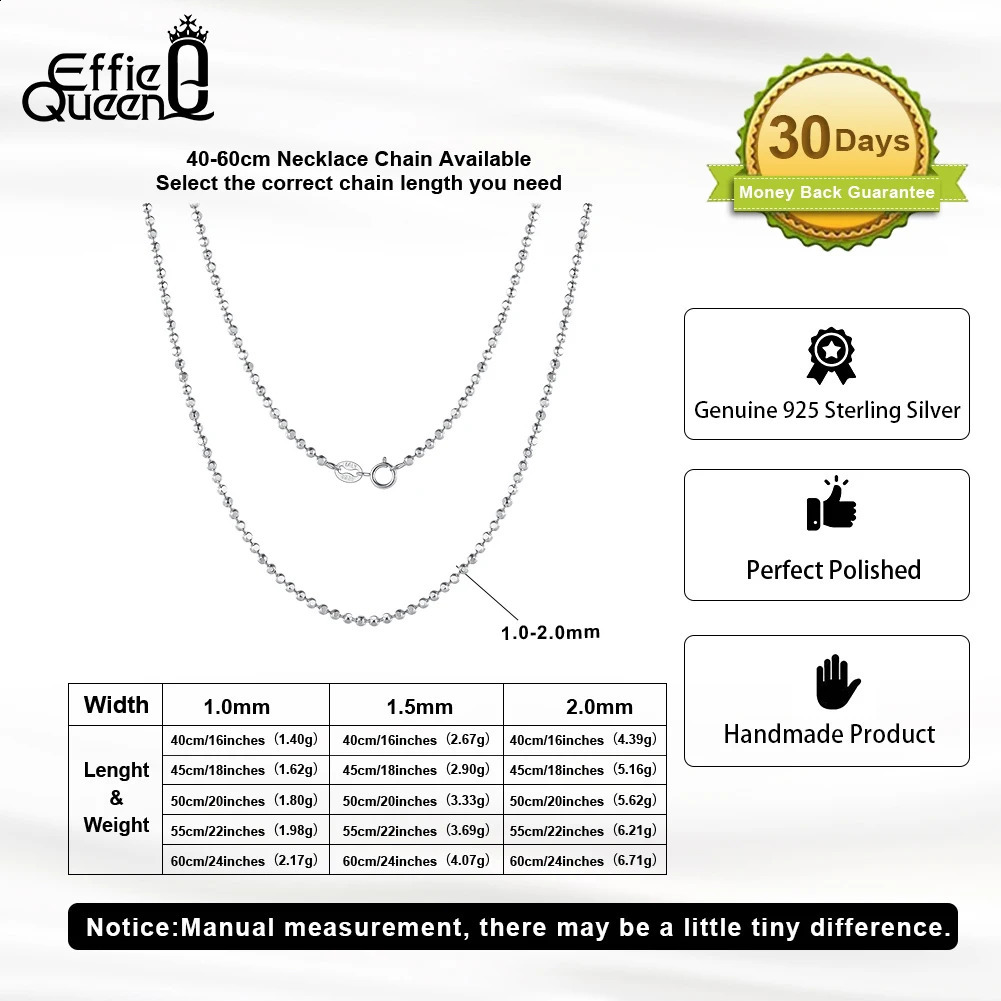 Effie Queen Fashion 1.0/1.5/2.0mm Ball Faceted Bead Chain Necklace for Women 925 Sterling Silver Necklace Birthday Jewelry SC77 250120