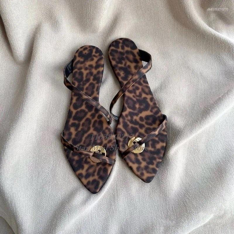 Slippers Brown Leopard Print Grosgrain Design Flat Pointed Peep Toe Strappy Sandals Elegant Casual Thong Strap Shoes