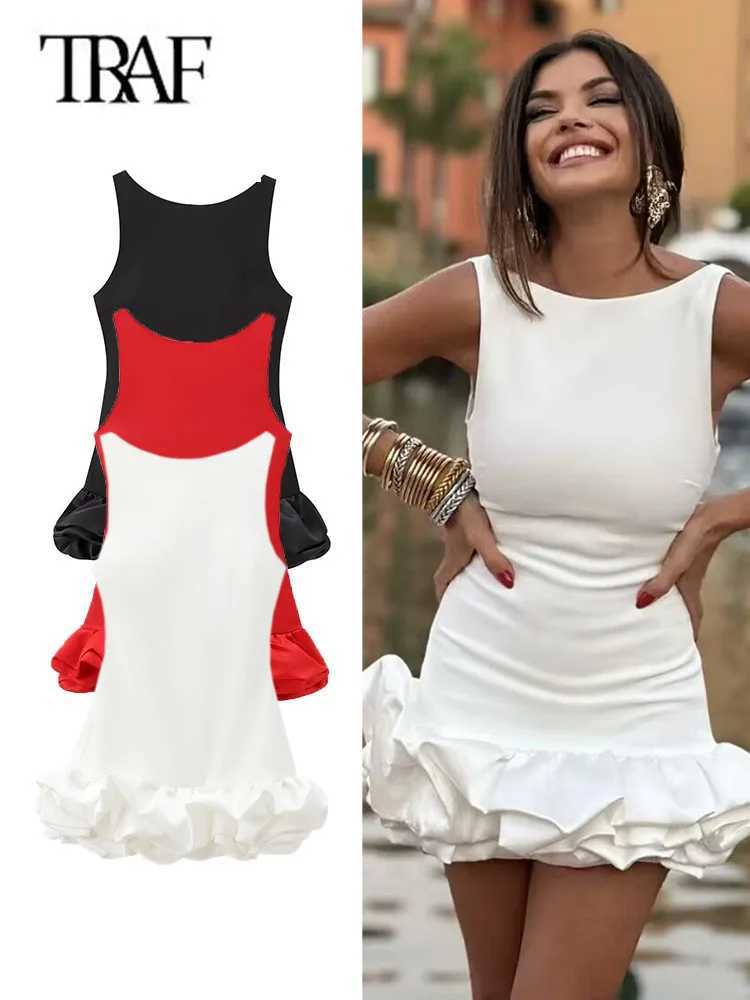 TR Women Sexy Mini Dress 2024 Fashion Fe O-neck Sveless Backless Dress Ele Ruffles Slim Back Zipper Party DressXJ2500207