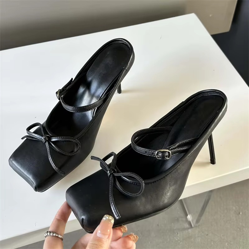 Eilyken New Design Bowknot Square Toe Women Pumps Sexy Buckle Strap Thin High Heels Banquet Prom Mule Slippers Shoes 250221
