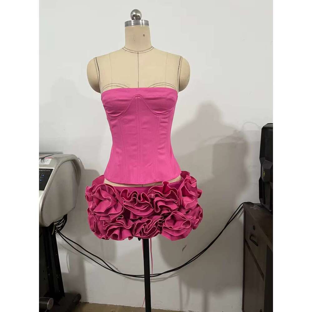 Dress Red Pink Color Women Sexy Strapless Laced-Up Bodycon Tops Rals Mini 2 Pieces Celebrate Christmas Evening Party Dress