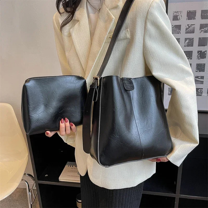 Retro Shoulder Tote Bag Set for Women Wide Strap Soft PU Leather Crossbody Bags with Small Purse Large Capacity Shoppers 250206