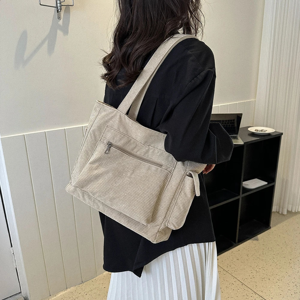 Women Corduroy Hobo Bag Large Capacity Casual Shoulder Handbag Outer Pocket Retro Satchel Lightweight Versatile Shopping 250206