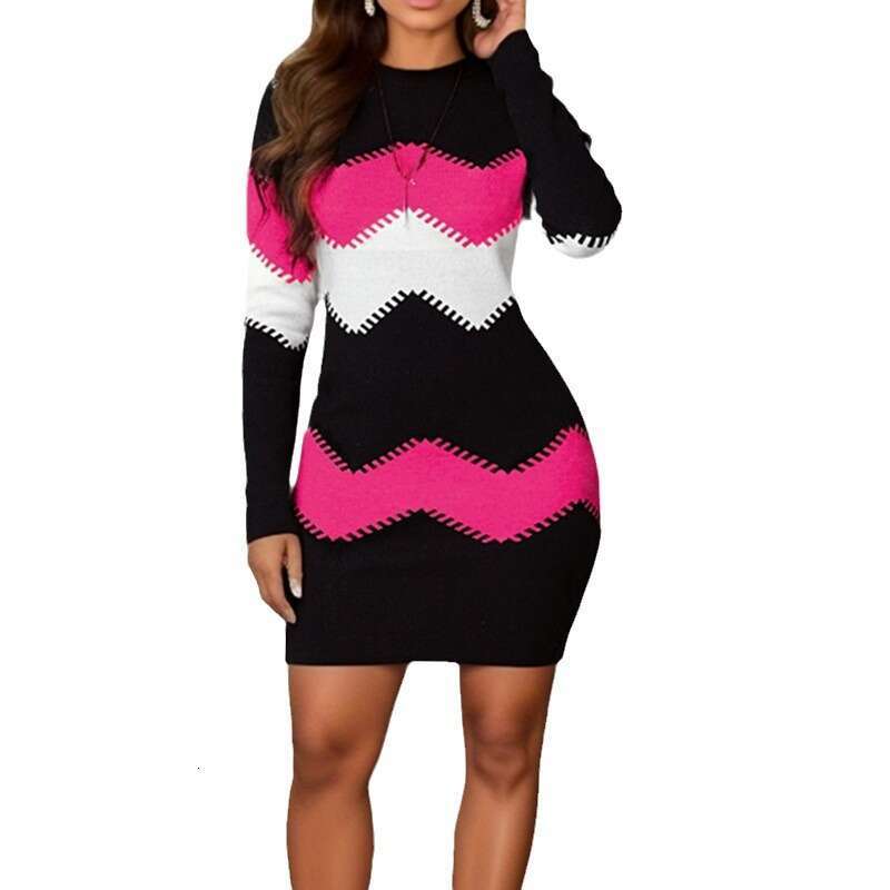 European American women's mid to short skirt, round neck, long sleeved printed knitted hip hing dress, 2024 new style, chic and elegant clothing