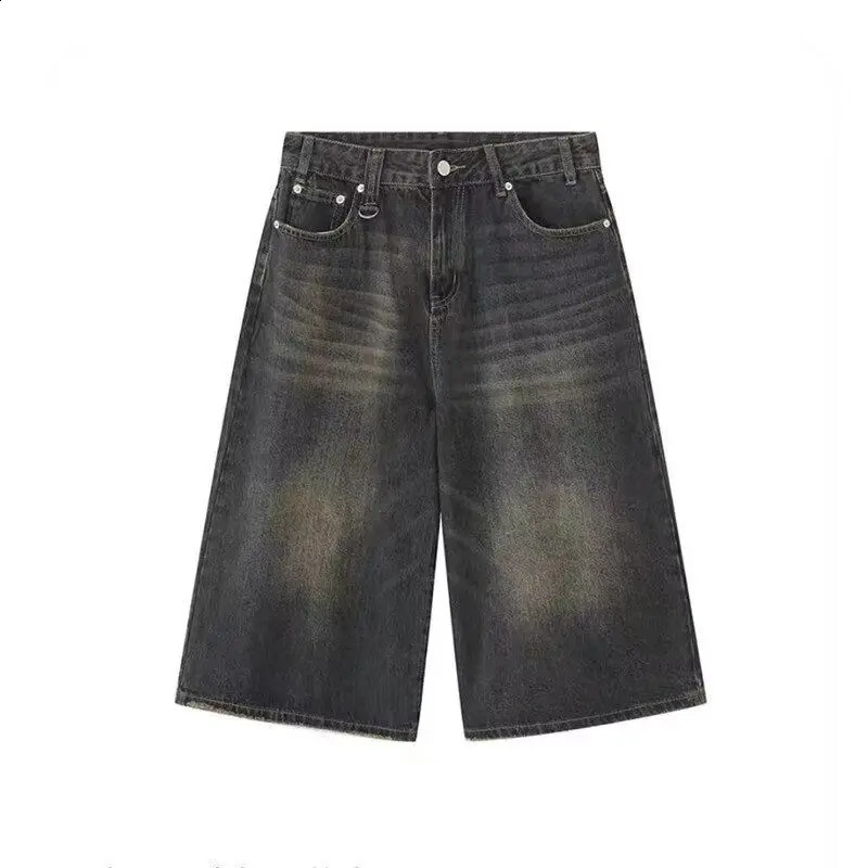Retro Y2k Baggy Women Men Black Jeans Low Waist Casual Wide Pants Frayed Denim Shorts Big Size Clothes 250206