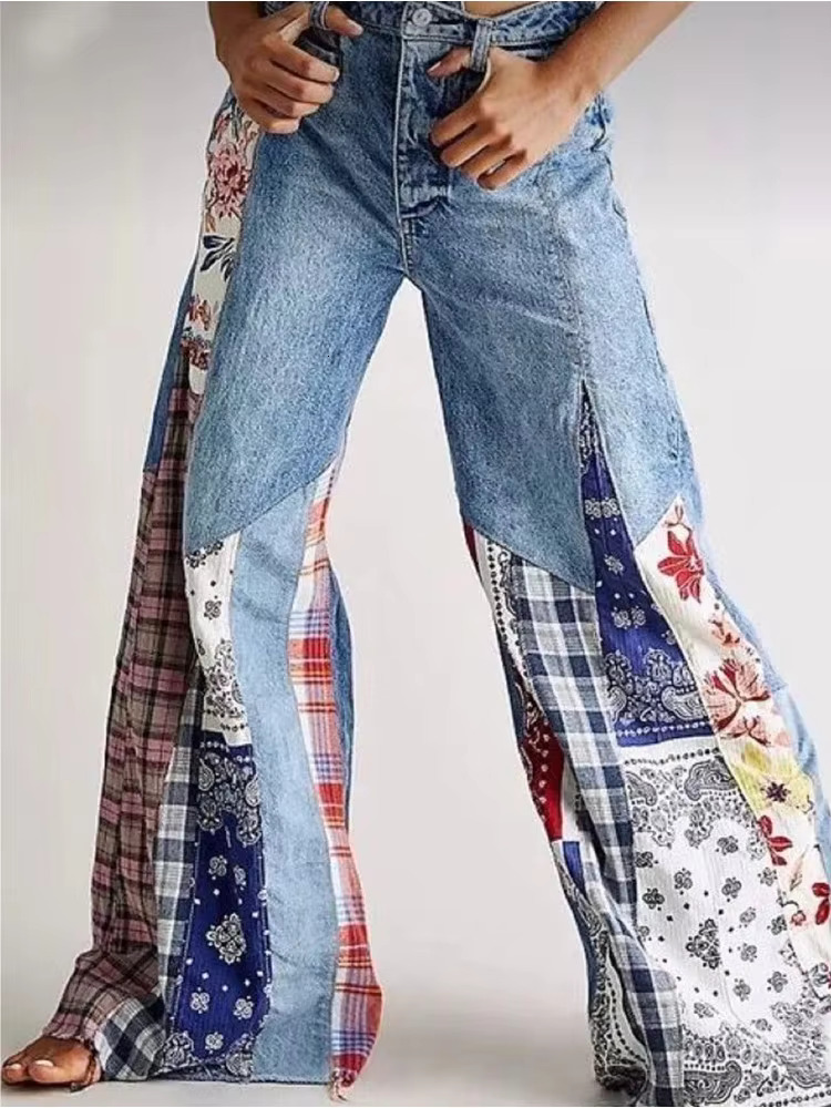 Women's High Waisted Wide Leg Jeans Casual Patchwork Retro Street Fashion Haruku Y2k Pants Trousers