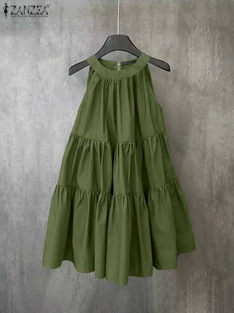 ZANZEA Summer Halter Sveless Tiered Dress Women Korean Ruffle Patchwork Robe 2024 Beach O-neck Loose Sundress Sweety VestidosXJ2500207