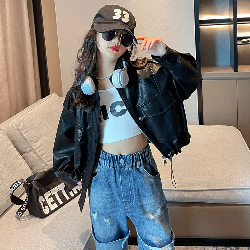 Girls Leather Jacket Autumn Trendy Cool Teenage Kids PU Outerwear Black Casual All-match Streetwear Kids Coats 10 12 13 14 Years 250206