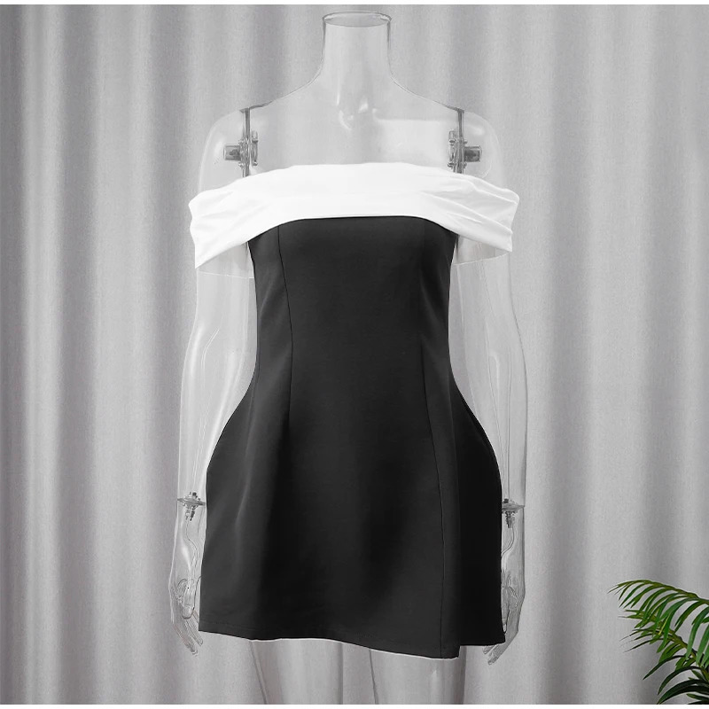 Womens Black and White Tail Tie Dress Sexy Shoulder Back Sleeveless Short Sleeve Elegant Party 250206
