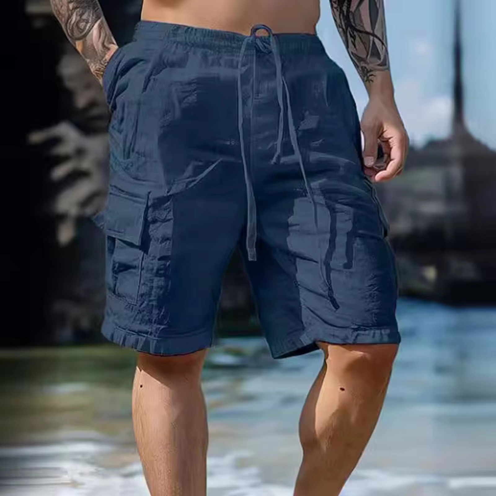 2025 Summer Fashion Loose White Work Pants Men's Handsome Casual Street Wear Beach Shorts Solid Color With Pocket Shorts Sports Pants