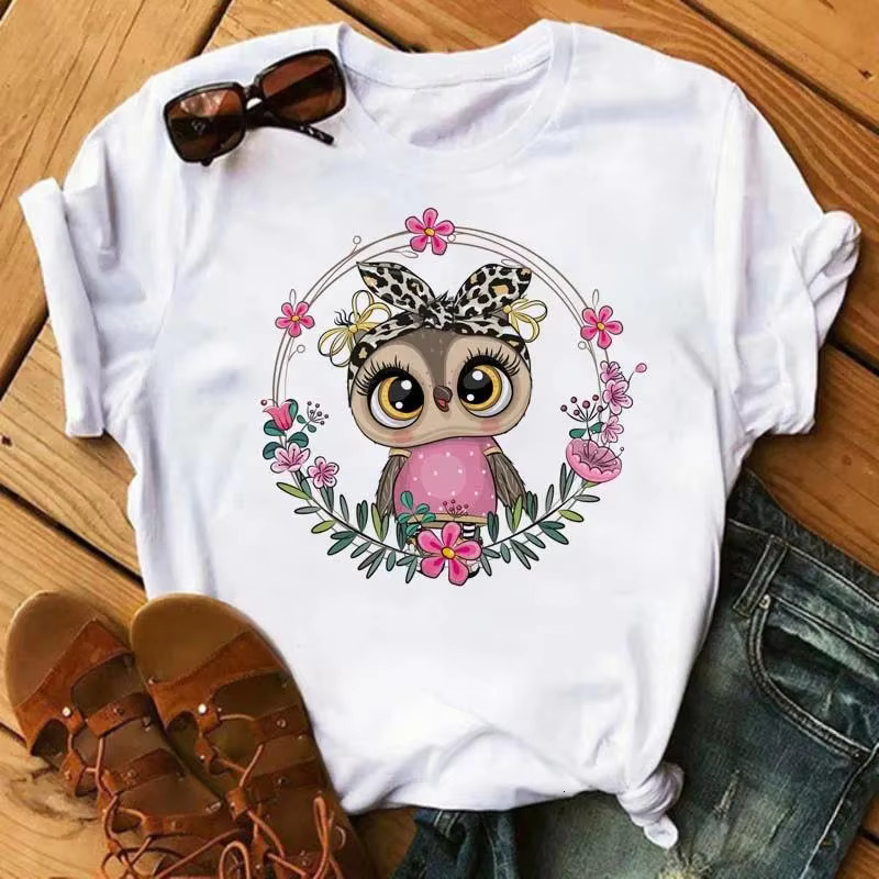 Cartoon Owl Graphic Print Women Men Fashion Vintage Haruku Short Sleeve Crew Neck Plus Size T Shirt Unisex