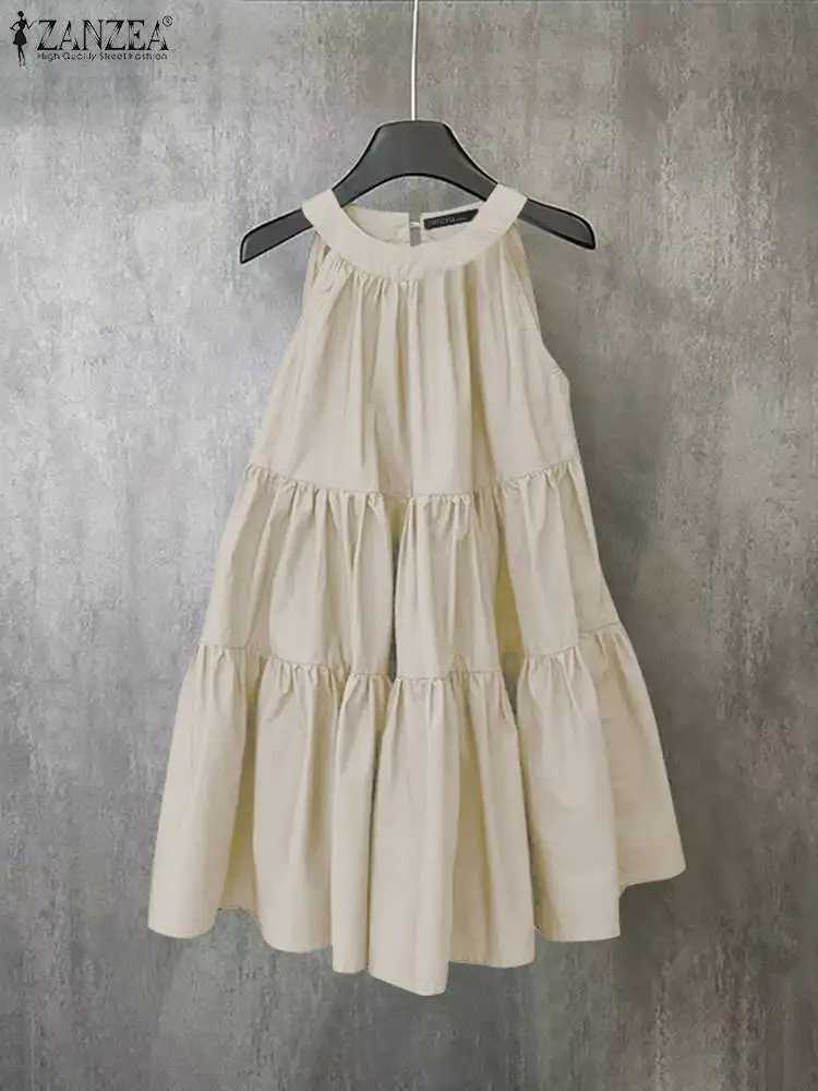 ZANZEA Summer Halter Sveless Tiered Dress Women Korean Ruffle Patchwork Robe 2024 Beach O-neck Loose Sundress Sweety VestidosXJ2500207