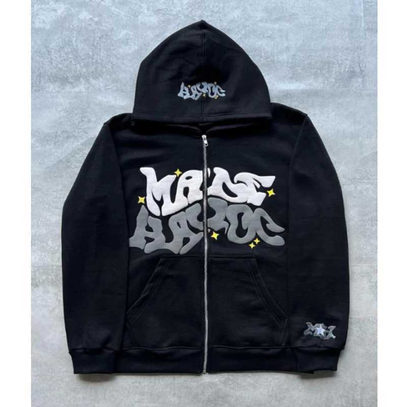 Y2K Zip Up Hoodie Harajuku Men Letter Graphic Printing Oversized Hoodie Sweatshirt Punk Rock Gothic Clothes Tops Streetwear W250207
