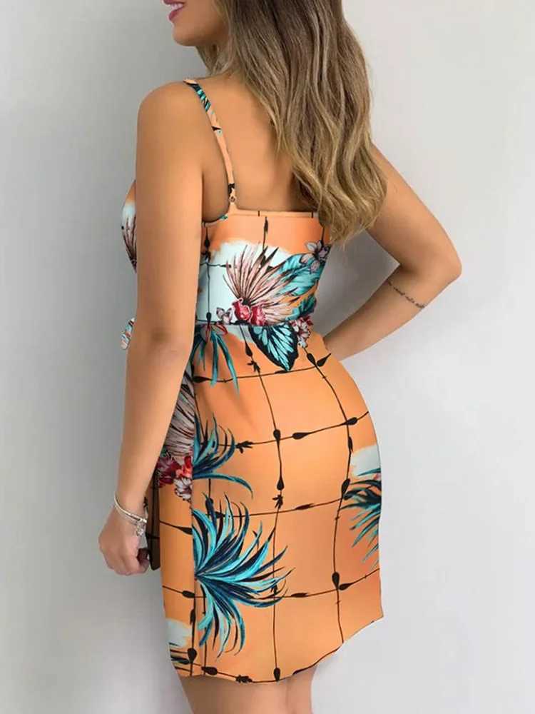 Tropical Print V-Neck Wrap Casual Dress Women Sveless Summer Holiday Mini DressXJ2500207
