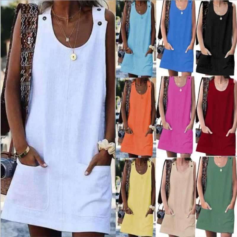 2023 Woman Summer Beach Dress Ele Solid Cotton Linen Sveless Long Tank Dress Casual Loose Party Pockets Sundress VestidosXJ2500207